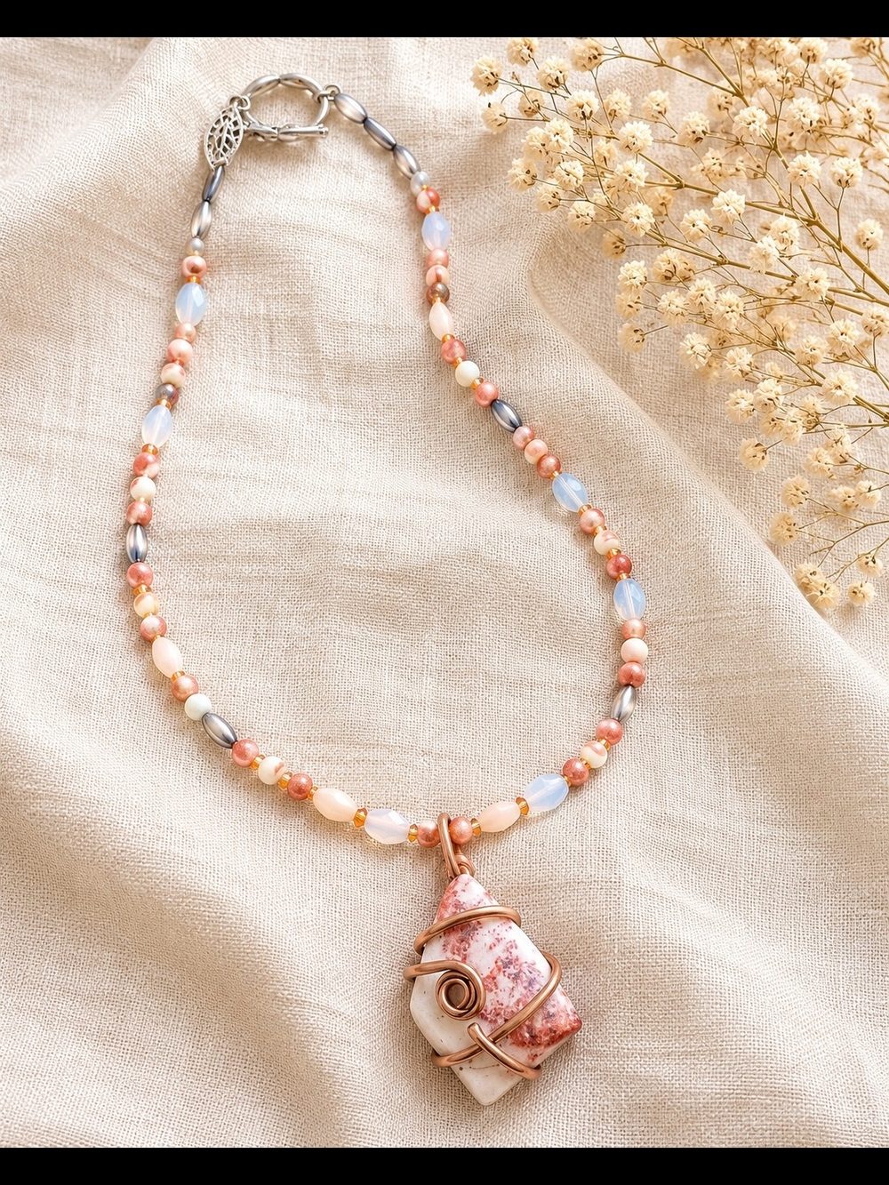 Handmade Wire Wrapped Stone Pendant Necklace Boho Beaded Artisan Jewelry